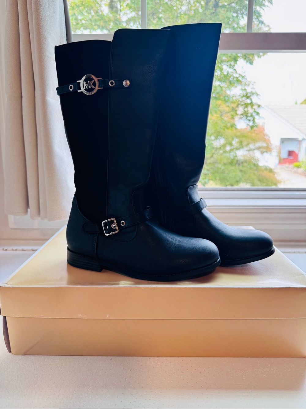 Michael Kors Black Over-the-Knee Riding Boots with Logo Strap